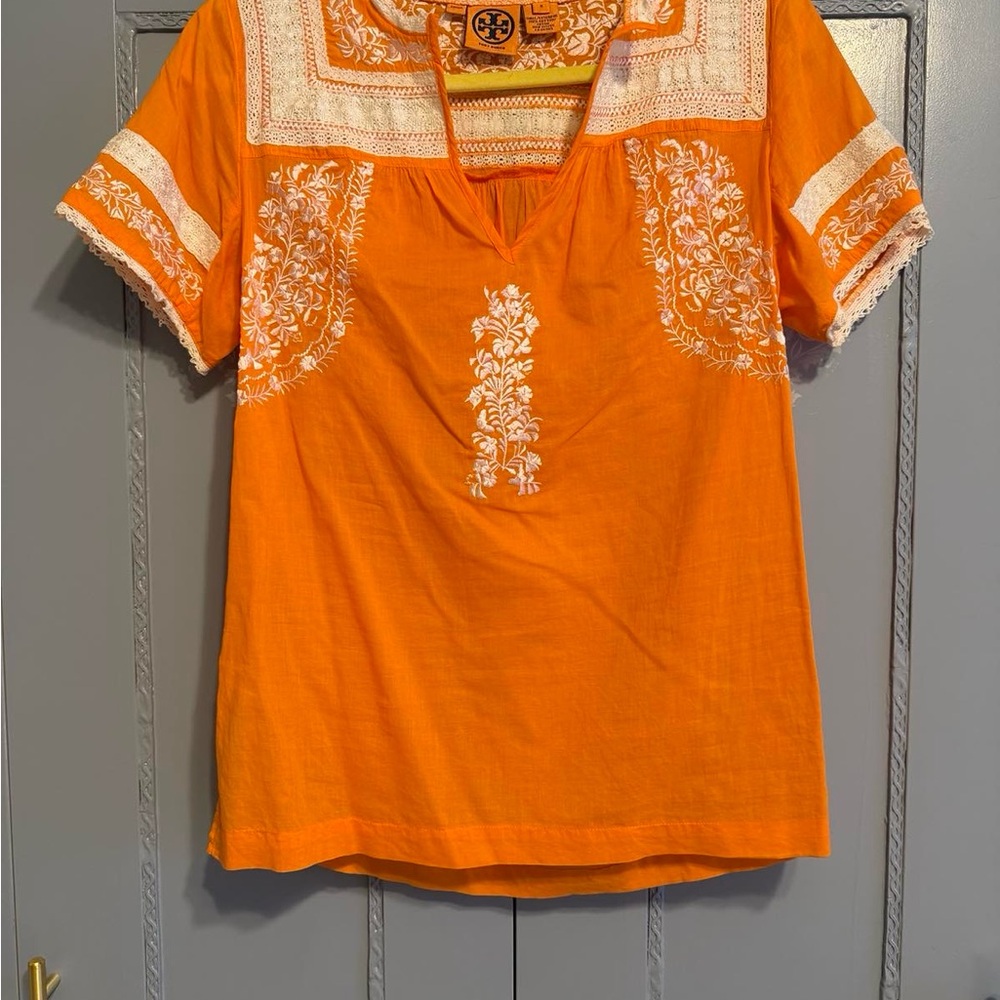 Tory Burch Orange Embroidered Cotton Tunic Top